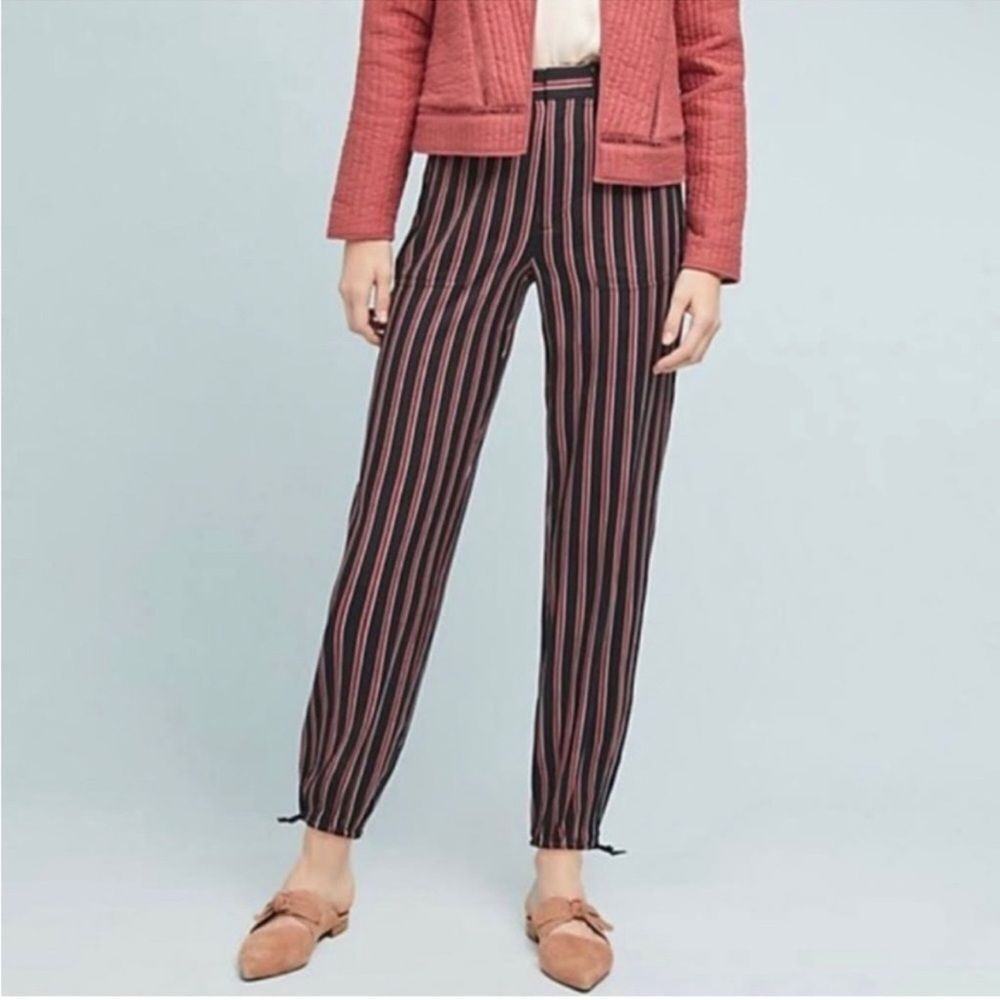 ANTHROPOLOGIE Silky Striped Jogger Pants Black Red Women’s Size Small